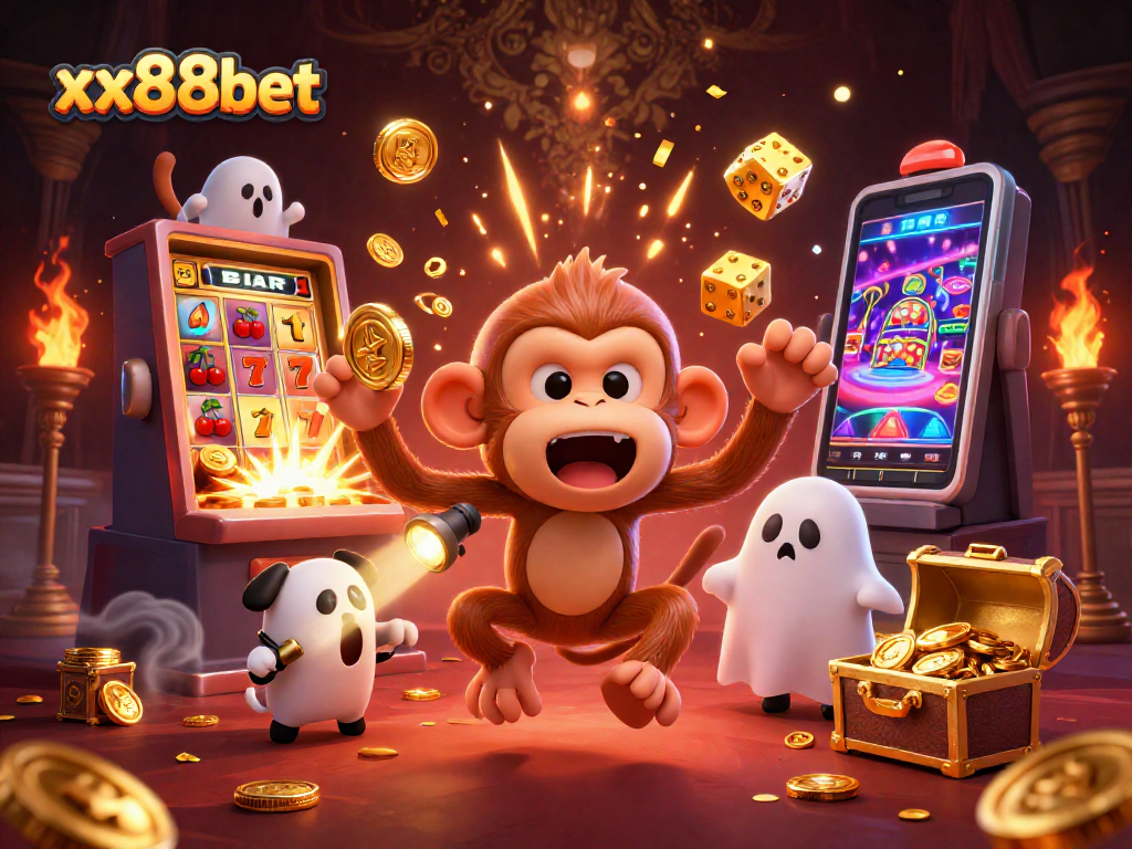Play fun games at xx88bet with a mischievous monkey and a curious puppy in a haunted casino scene.