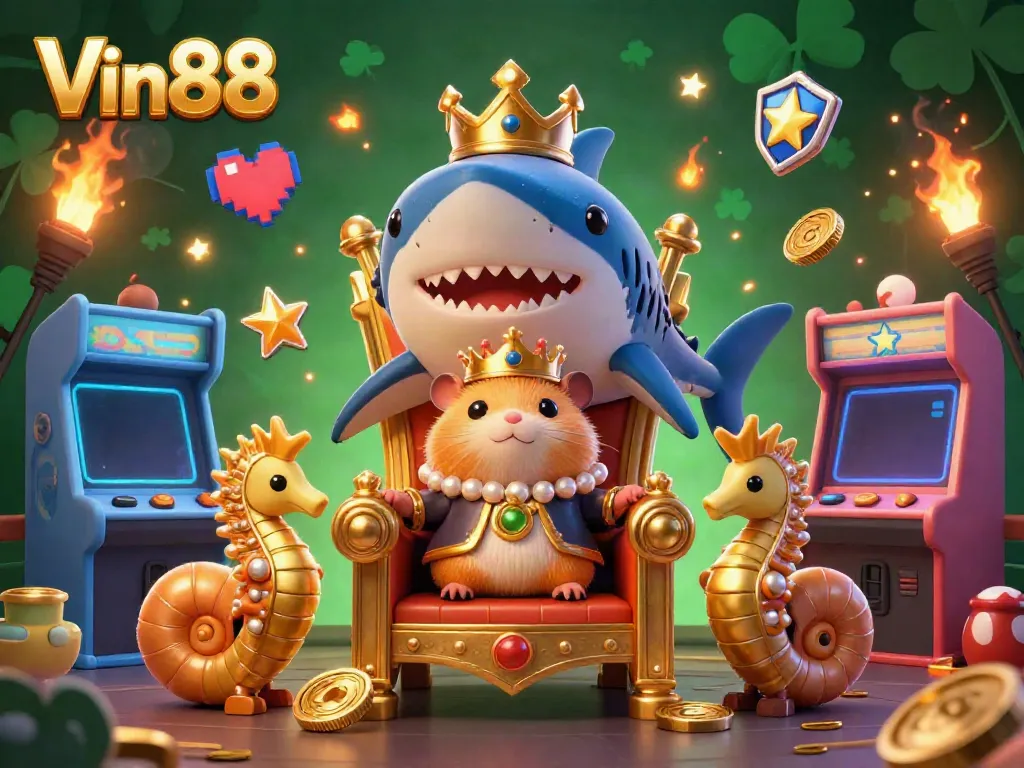 Experience Vin88's vibrant casino scene featuring a tiny golden hamster king on a megalodon throne.