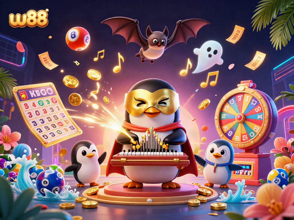 Experience thrilling moments with the uu88 phantom penguin organist shooting golden coins in an enchanting casino setting.