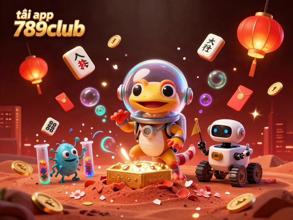 Engage with the vibrant scene of tải app 789club showing a Martian gecko exploring a golden casino amidst dynamic elements.