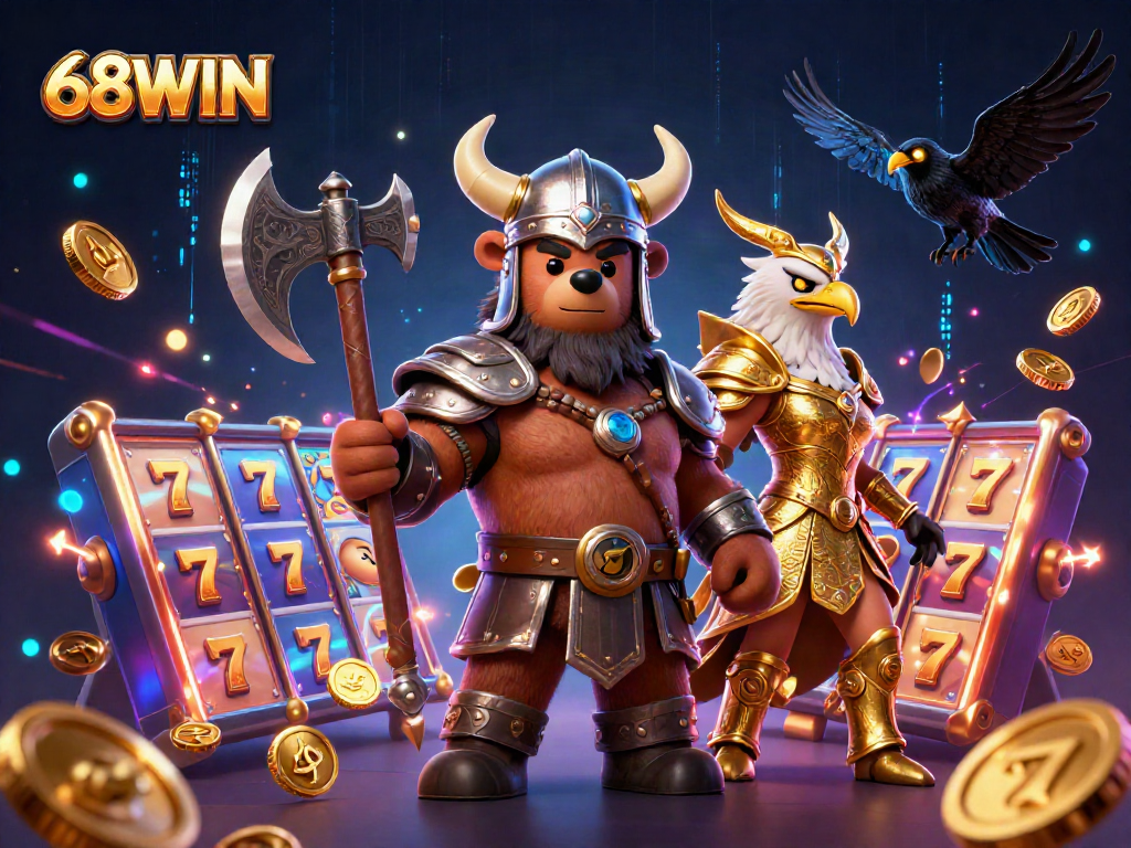 Engage in thrilling gameplay at 68WIN with vibrant slot reels, dynamic characters, and an exciting casino atmosphere.