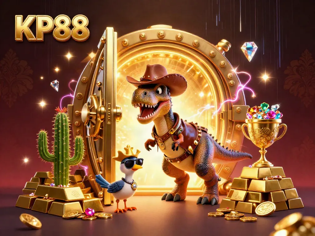 Experience thrilling wins at KP88 casino with a vibrant T-Rex and dazzling treasures.