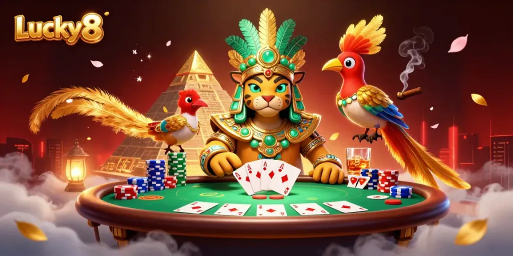 Engage with Lucky8 card games showcasing a Mayan jaguar priest and poker elements in an animated 3D scene.