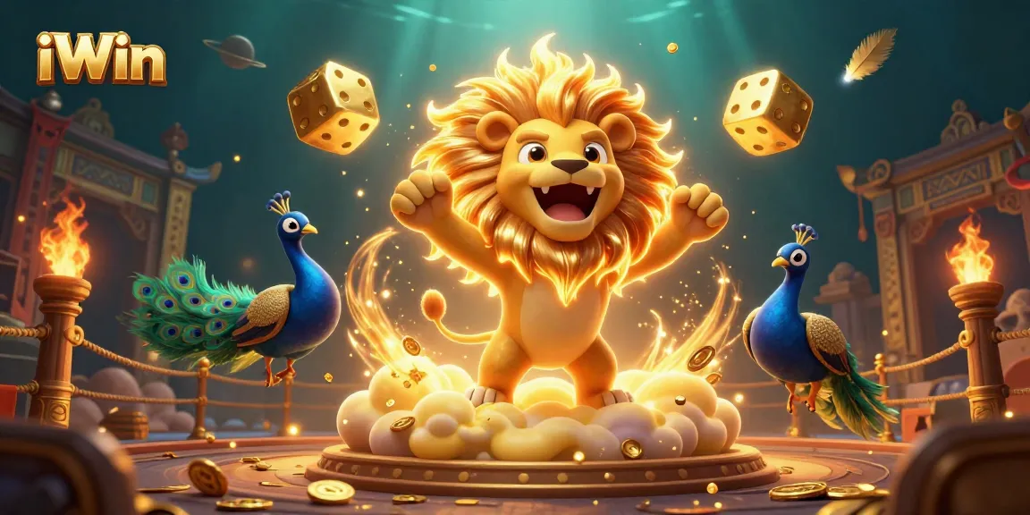 Spin to win big with iWin's vibrant 3D casino illustration featuring golden dice and a roaring lion.
