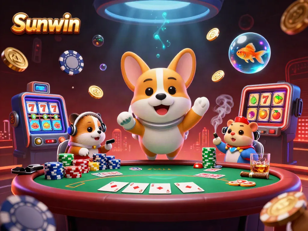 Experience the thrill of Sunwin with a dynamic 3D casino scene featuring vibrant games and floating prizes.