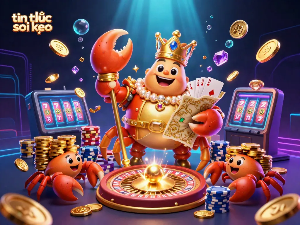 Dynamic scene showcasing tin tức soi kèo, featuring a golden crab emperor amidst casino game elements.