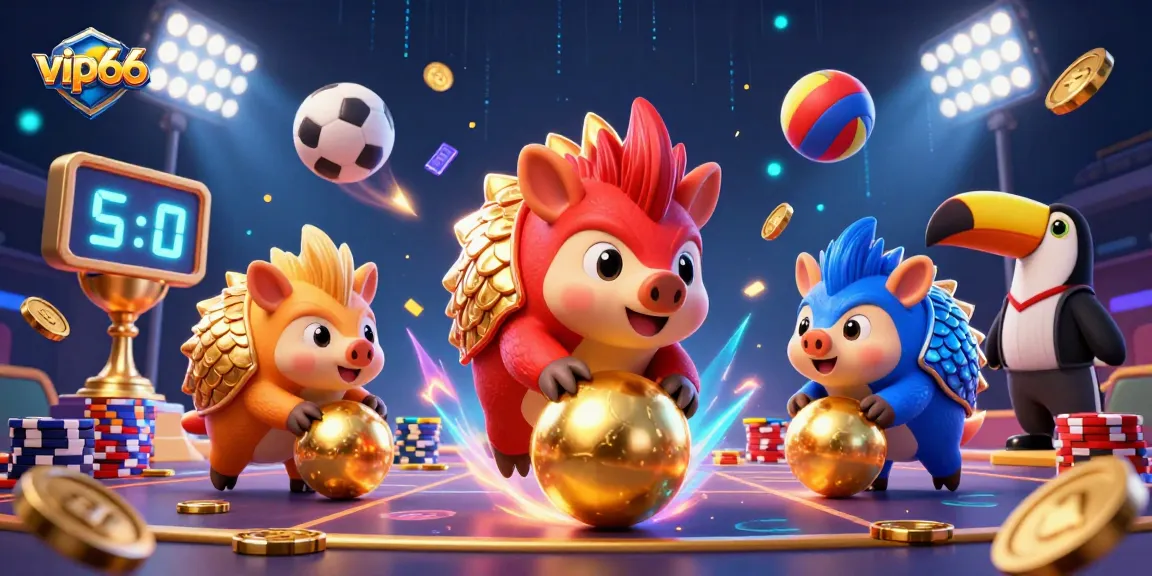 Engage with vip66 as cartoon pangolins compete in a vibrant casino scene, featuring playful gambling elements.