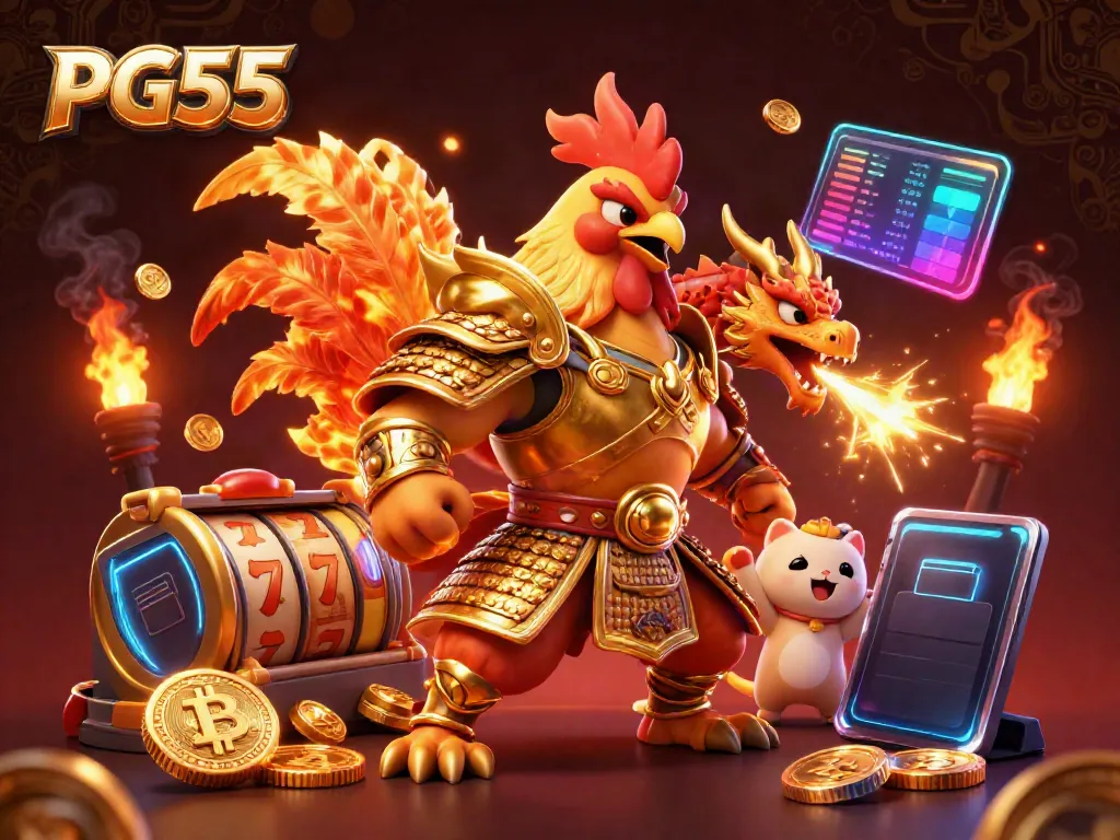 Experience thrilling gaming action at PG55 with vibrant characters and casino elements in a dynamic 3D scene.