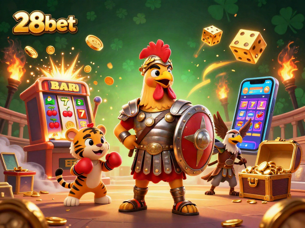 Join the thrilling action at 28bet with dynamic casino game elements and gladiatorial characters.