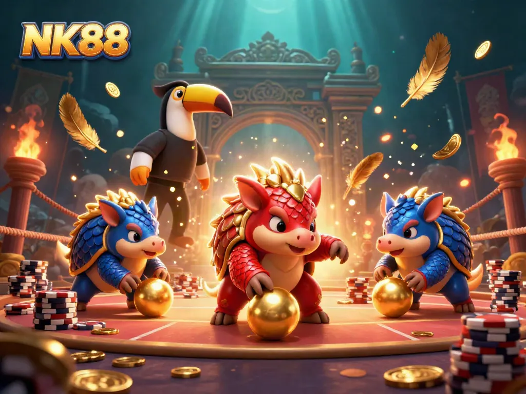Experience the excitement of NK88 with rival pangolins competing in a vibrant casino scene.
