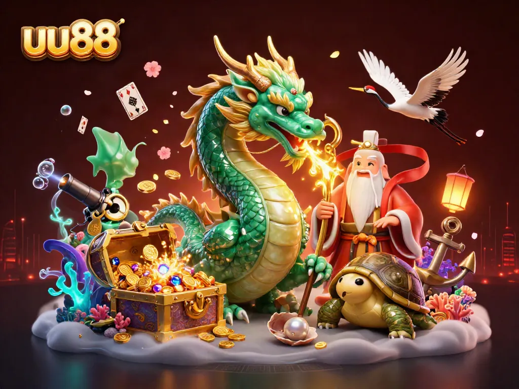 Engage in thrilling play with the uu88 dragon, sage, and cranes amidst a vibrant casino scene.