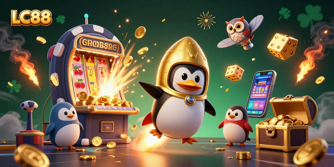 Experience thrills with LC88 as a golden penguin rockets toward a lively casino space!