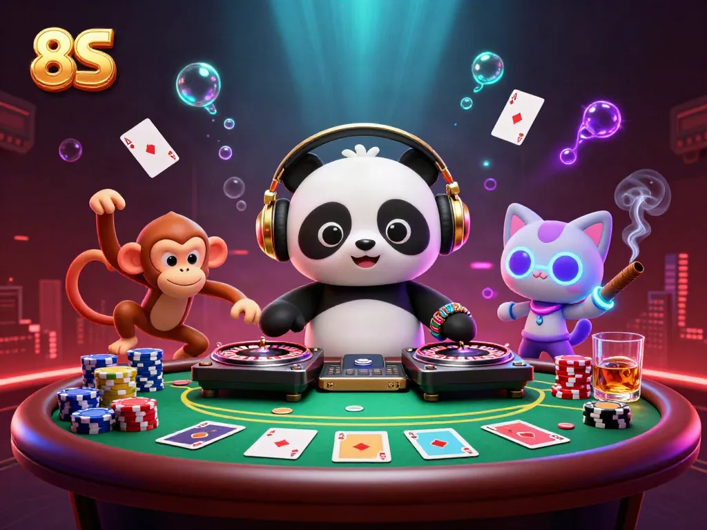 Experience the excitement of 8S casino gaming with DJ panda, chip stacks, and vibrant characters.