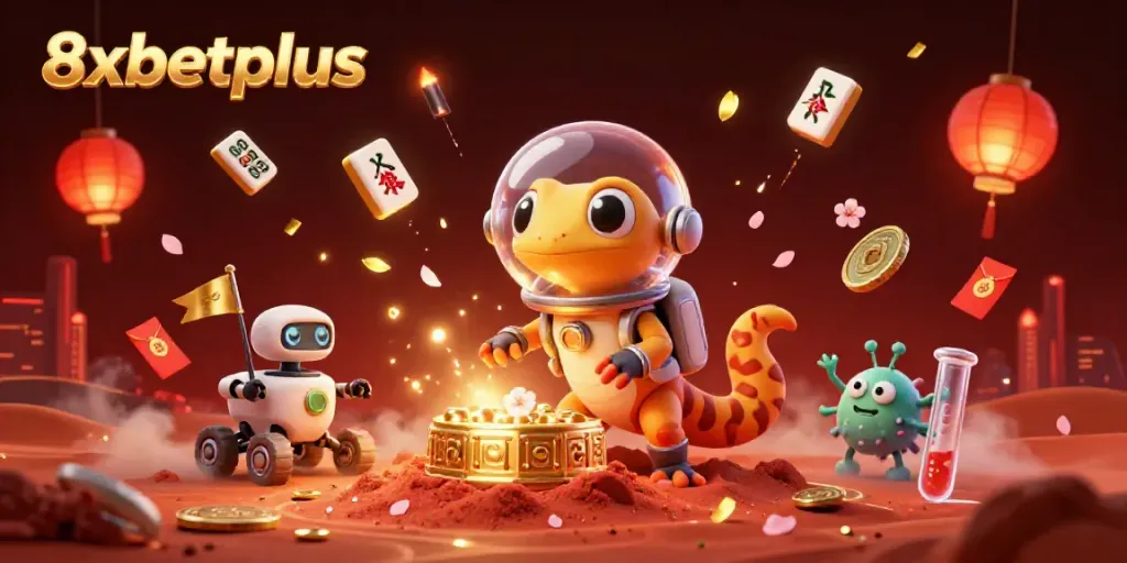 Experience the vibrant world of 8xbetplus with a Martian gecko discovering a golden casino.