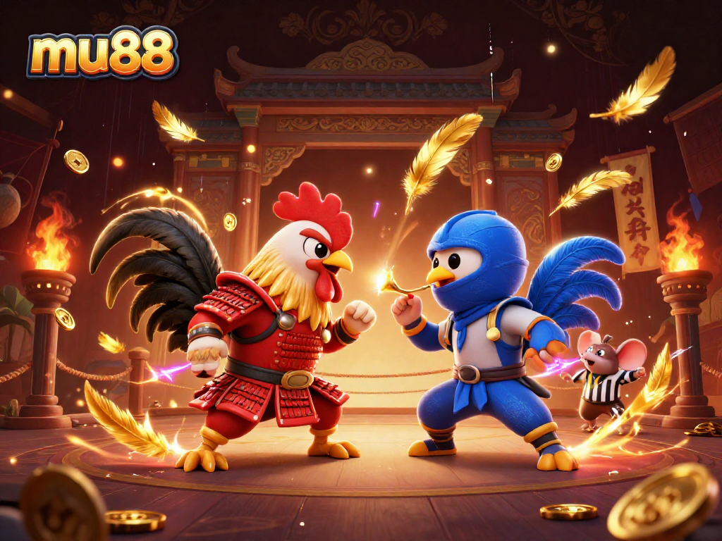Experience mu88's thrilling cockfighting arena with fierce roosters and dynamic casino elements.