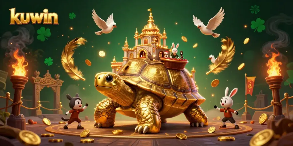 Kuwin's vibrant casino scene with a golden tortoise, rabbit dealer, and dynamic gambling elements