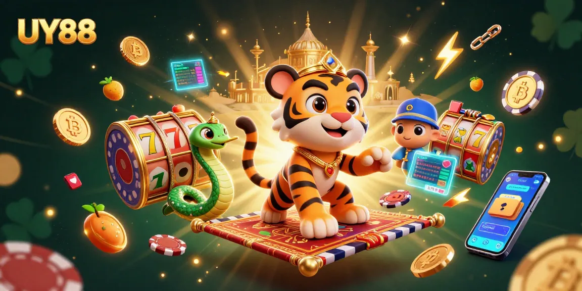 Experience thrilling casino action at UY88 with colorful slots, magical characters, and cryptocurrency elements.