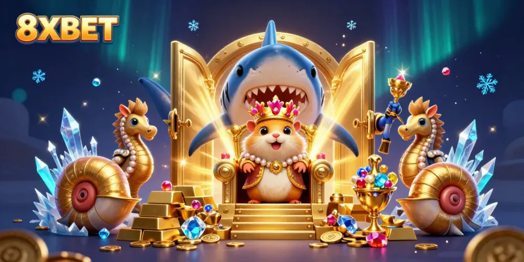 Engage in thrilling gameplay with 8XBET, surrounded by treasure and royal underwater characters.