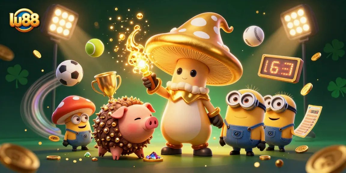 Bet on lu88 with vibrant golden mushroom wizard and dynamic sports elements in dazzling 3D scene.