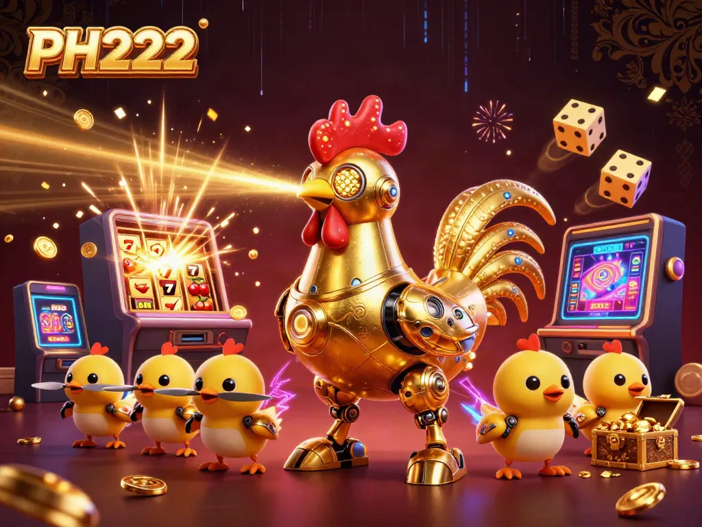 Experience thrilling casino action with PH222 as a golden rooster robot and baby chicks engage in winning slots.