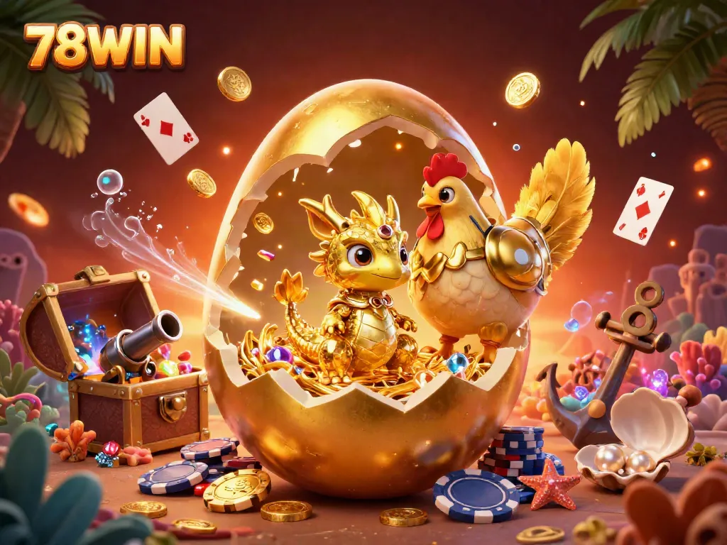 Experience thrilling gaming adventures with 78WIN's luxurious 3D casino scene featuring golden elements.