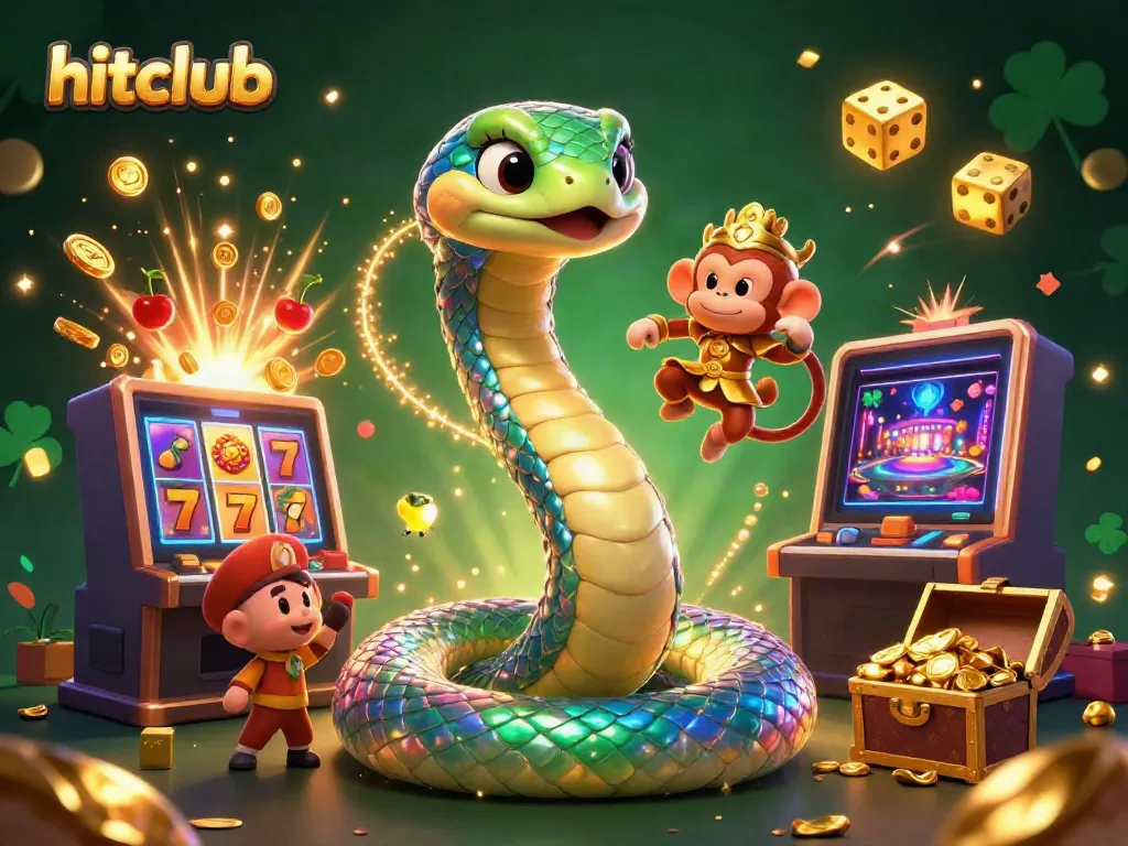 Experience excitement with hitclub's colorful slot machine and dazzling casino characters in a vibrant scene.