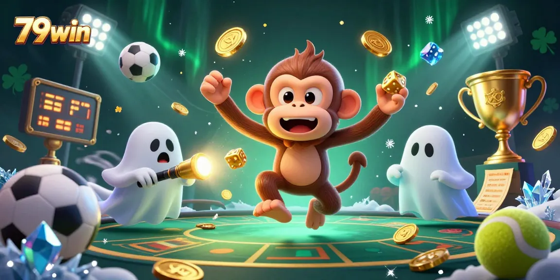 Engage with the thrilling atmosphere of 79win where a poltergeist monkey juggles coins in a haunted casino.