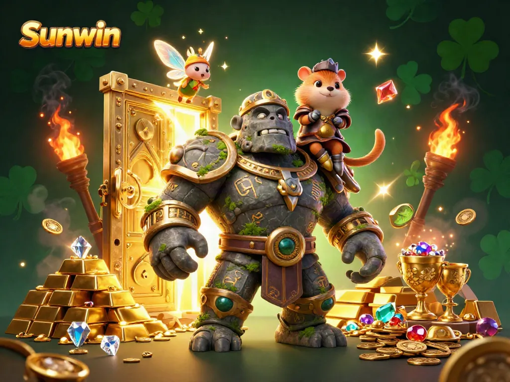 Experience the thrill of Sunwin as a guardian golem rises amidst treasures and magical adventures.