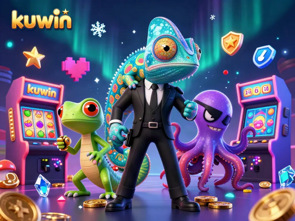 Engage in thrilling gaming action with kuwin, showcased by colorful slot reels and lively characters.