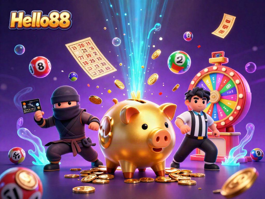 Bet on Hello88 with a dynamic casino scene featuring a golden piggy bank sumo wrestler and vibrant lottery elements.