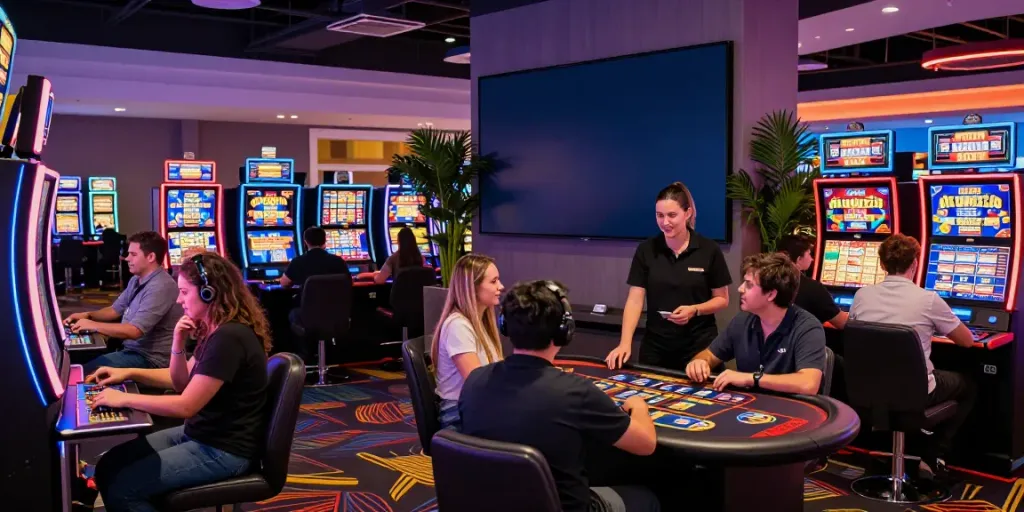 Howzit Casino: vibrant gaming atmosphere with diverse players enjoying slots and live dealers.