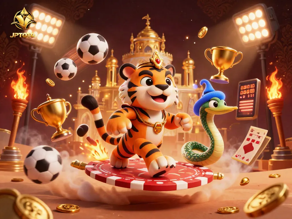 Bet on JPTOTO with an animated scene of a tiger sultan on a magic carpet amidst a vibrant casino atmosphere.