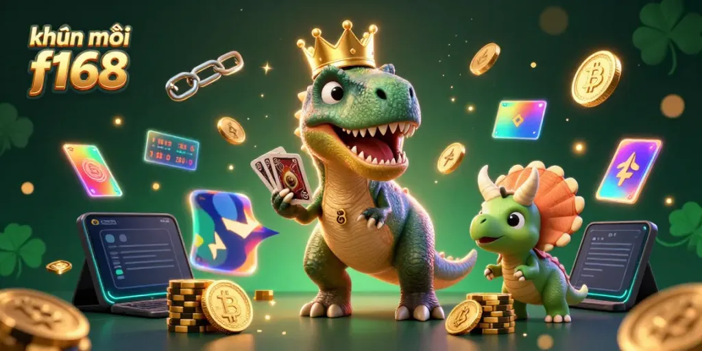Experience exciting khuyến mãi f168 with playful dinosaurs enjoying casino games and cryptocurrency!
