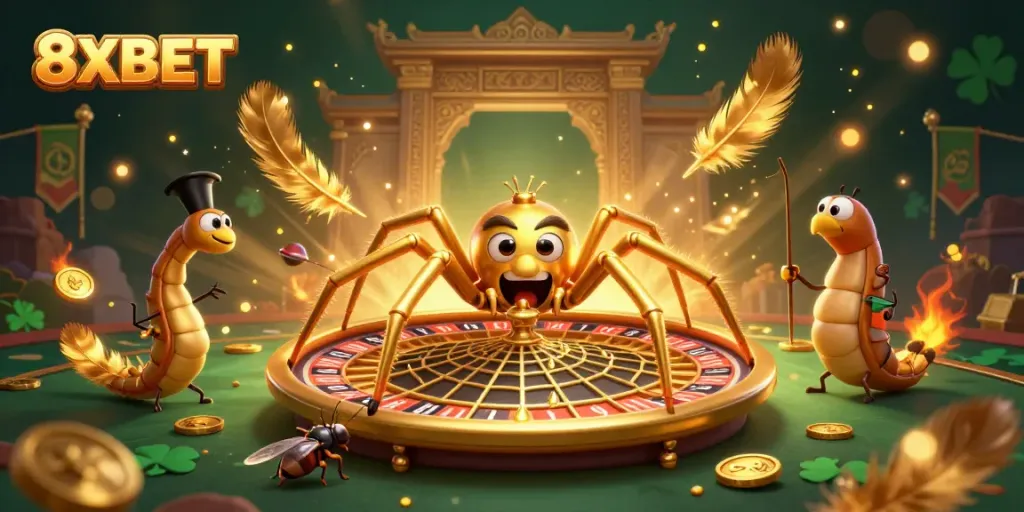 Engage with thrilling 8XBET casino action featuring a golden spider and centipede croupier in a roulette web.