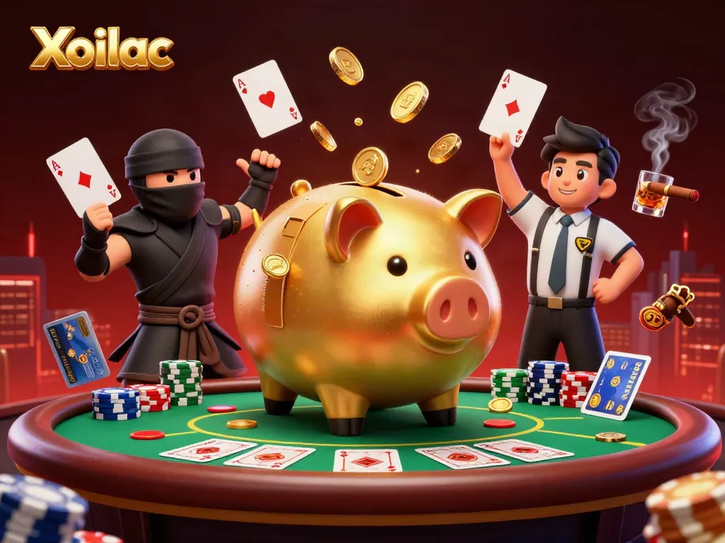 Xoilac offers a dynamic casino scene with a piggy bank sumo wrestler and exciting poker elements.
