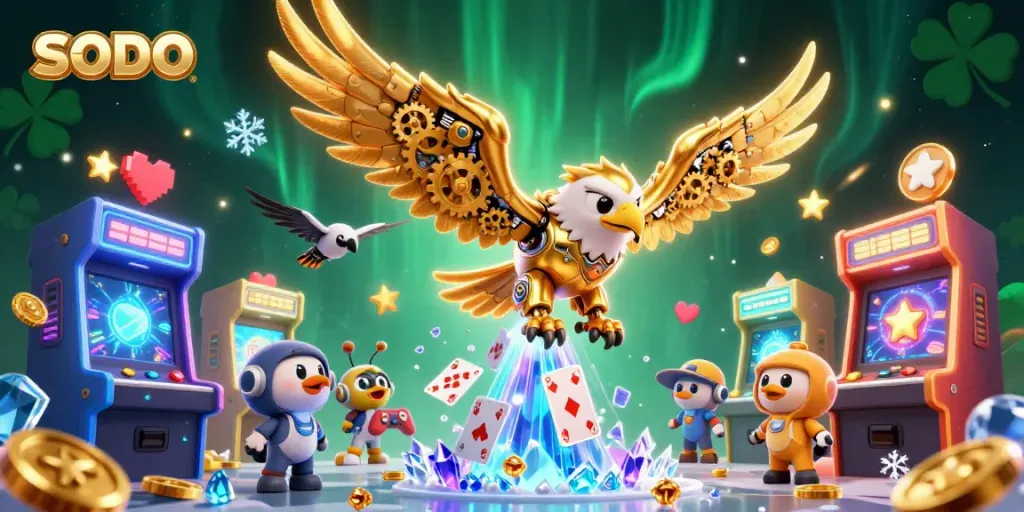 SODO gaming illustration featuring a cybernetic eagle with golden gears and holographic cards cascading around in a vibrant casino scene.