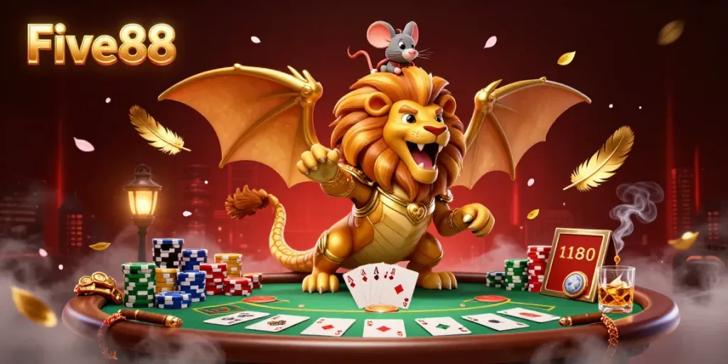 Experience the thrill of Five88 with a triumphant chimera, poker chips, and dynamic casino elements.