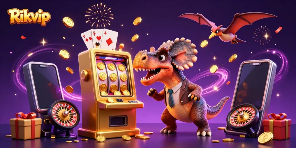 Rikvip generates excitement as a cartoon dinosaur activates a jackpot, coins flying amidst vibrant casino elements.