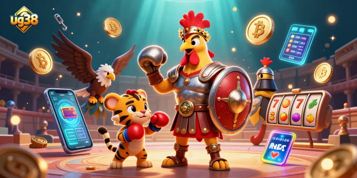 Engage in thrilling casino action with ug38 featuring a gladiator rooster and sparring tiger.