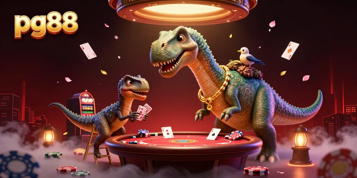 Experience pg88 with a massive brontosaurus at a vibrant poker scene, full of excitement.