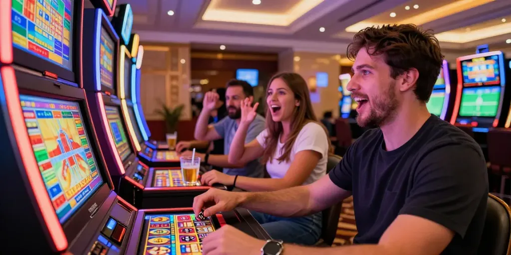 Player immersed in action at Crusado Casino slot machine, vibrant casino atmosphere.