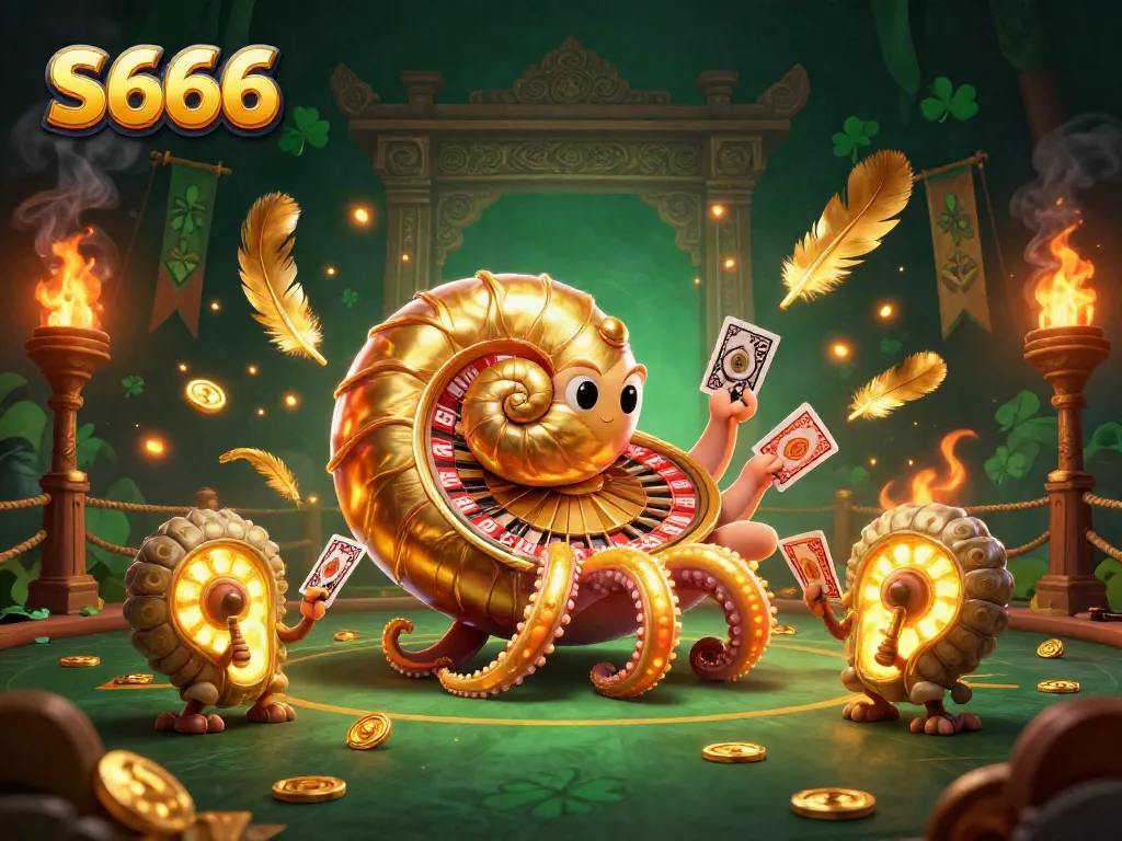 S666 gambling scene featuring a giant nautilus roulette wheel holding cards, vivid atmosphere with coins.
