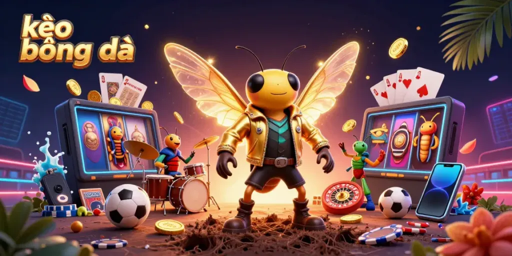 Bets are placed on kèo bóng đá with energetic 3D cartoon characters and casino elements in a vibrant scene.