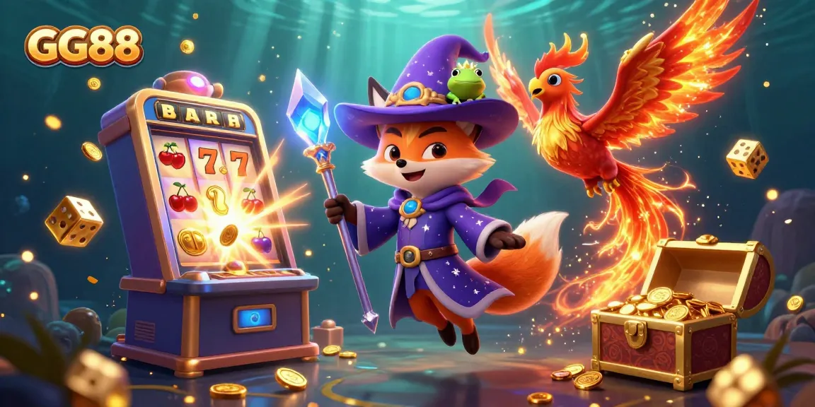 Spin the reels and win big at GG88 with a mystical casino adventure illustration featuring exciting slot machines and magical characters.