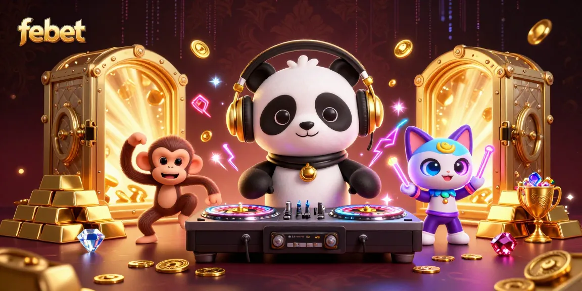 Experience thrilling games at febet with a DJ panda, dancing monkey, and glowing kitten in a vibrant casino scene.
