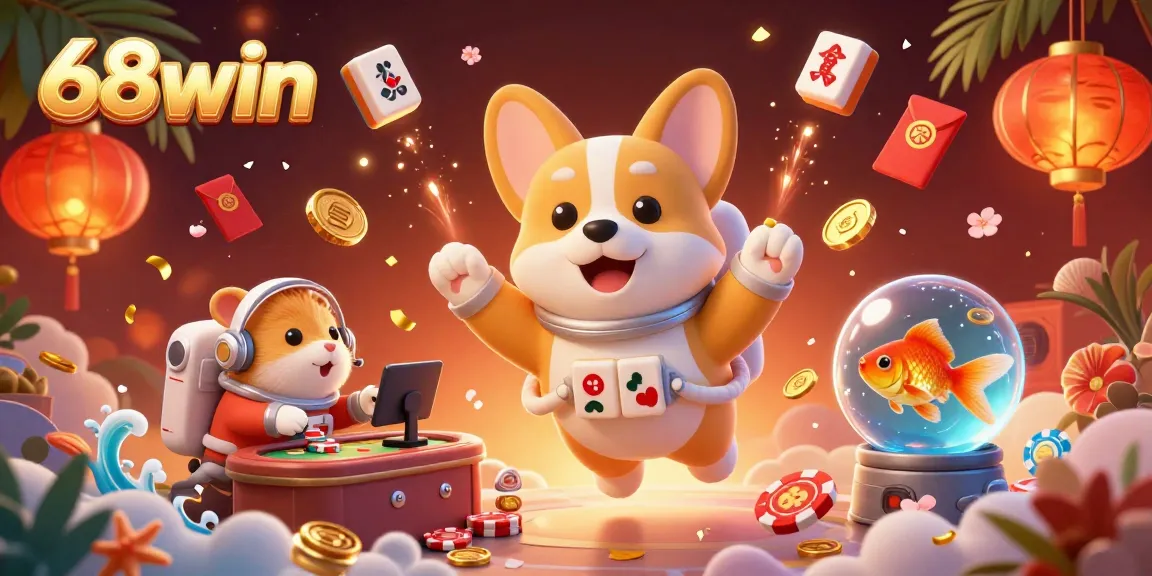 Join the fun at 68win's vibrant casino, where an astronaut corgi floats with poker chips and golden coins in an energetic scene.