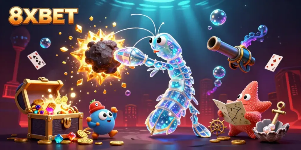 8XBET features a galactic samurai mantis shrimp in a vibrant underwater world filled with gold, gems, and gaming elements.
