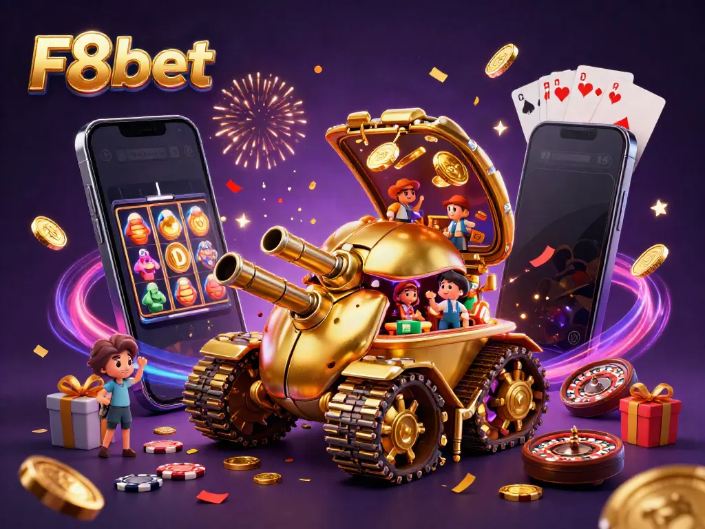 Experience thrilling gaming moments with F8bet's casino-themed illustration featuring a golden beetle tank.