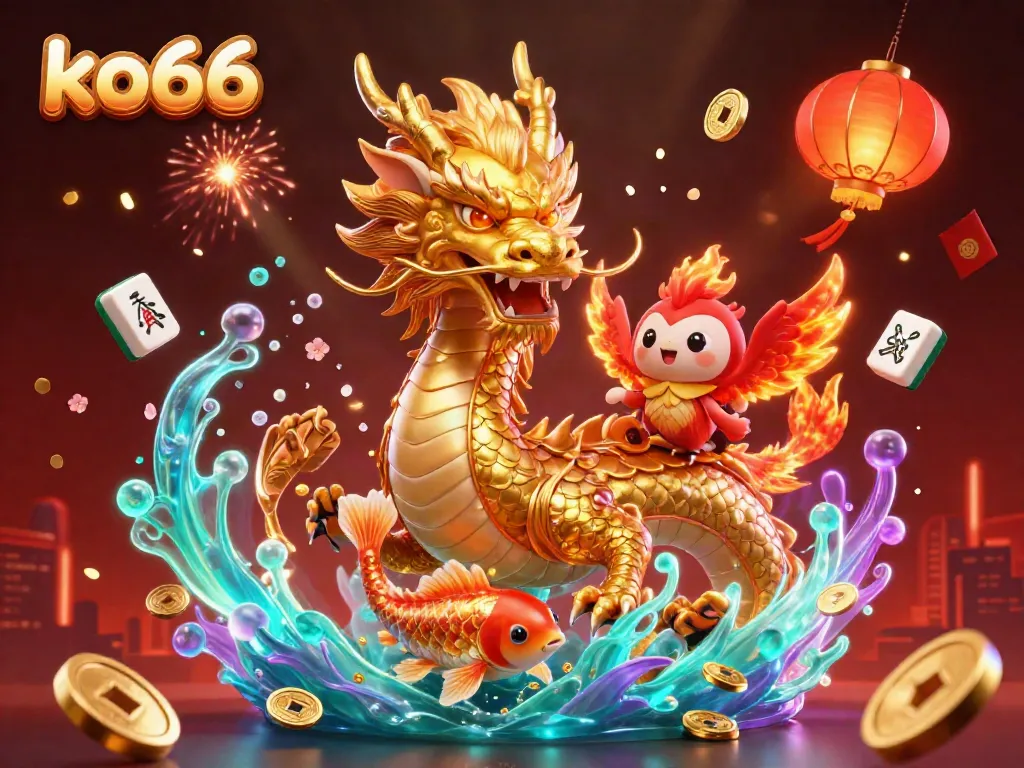 Experience the thrill of gaming with ko66 in this vibrant, dynamic illustration featuring a golden dragon, phoenix, and koi fish.