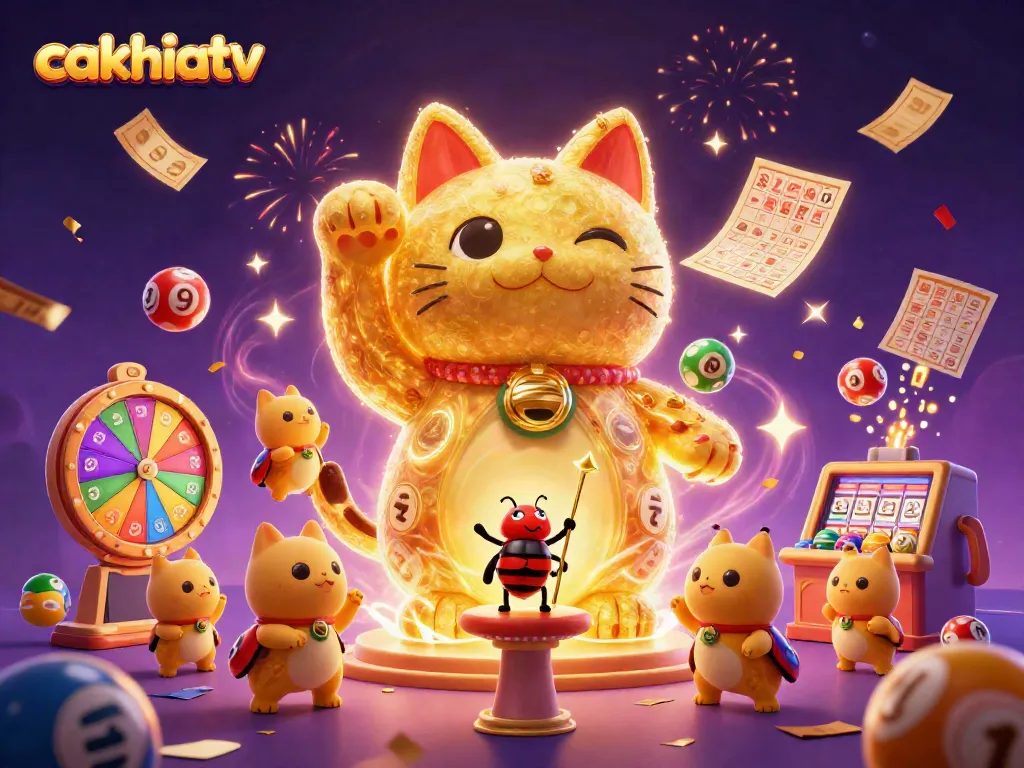 Experience the excitement of cakhiatv with a lucky cat surrounded by dynamic casino elements.